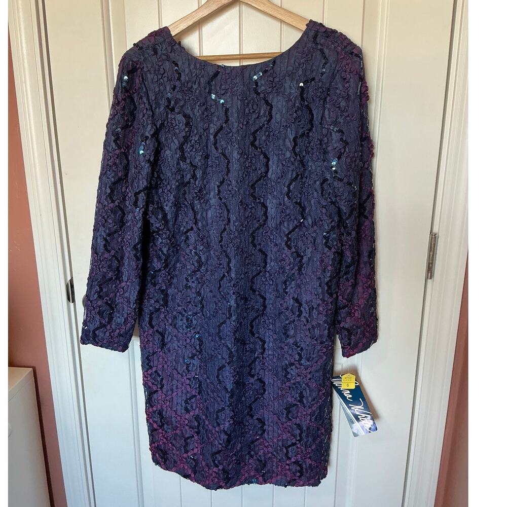NWT Vintage Vanna White Deadstock Ribbon and Sequined Long Sleeve Dress W6 Navy